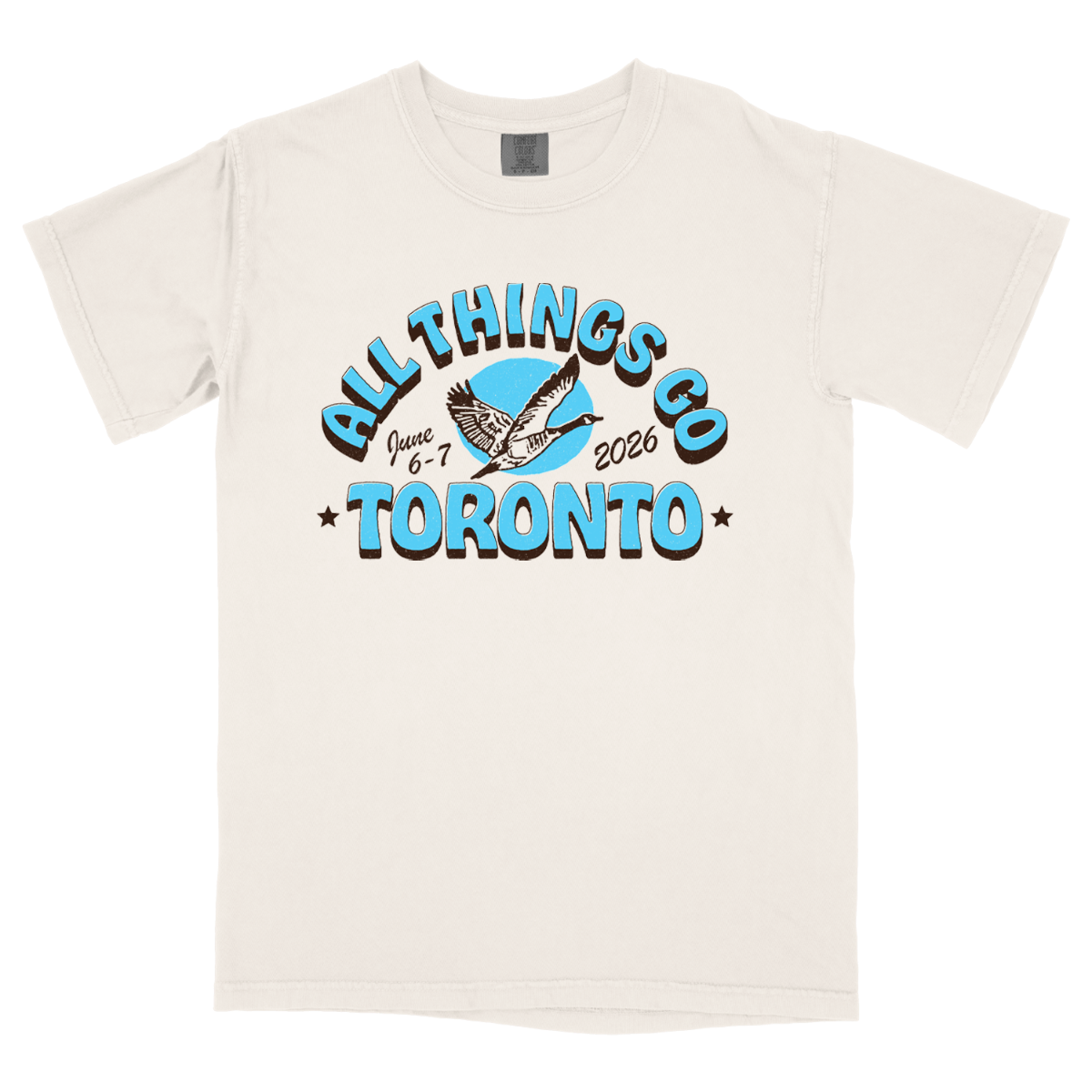 Beige t-shirt with 'All Things Co Toronto' graphic design on a white background
