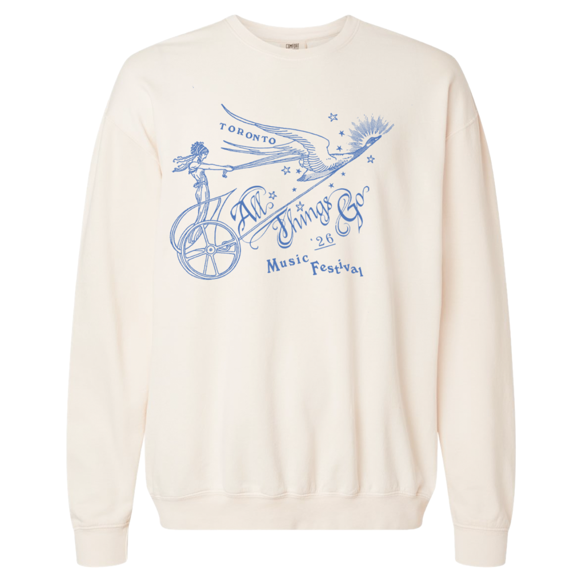 White sweatshirt with blue graphic design on a white background