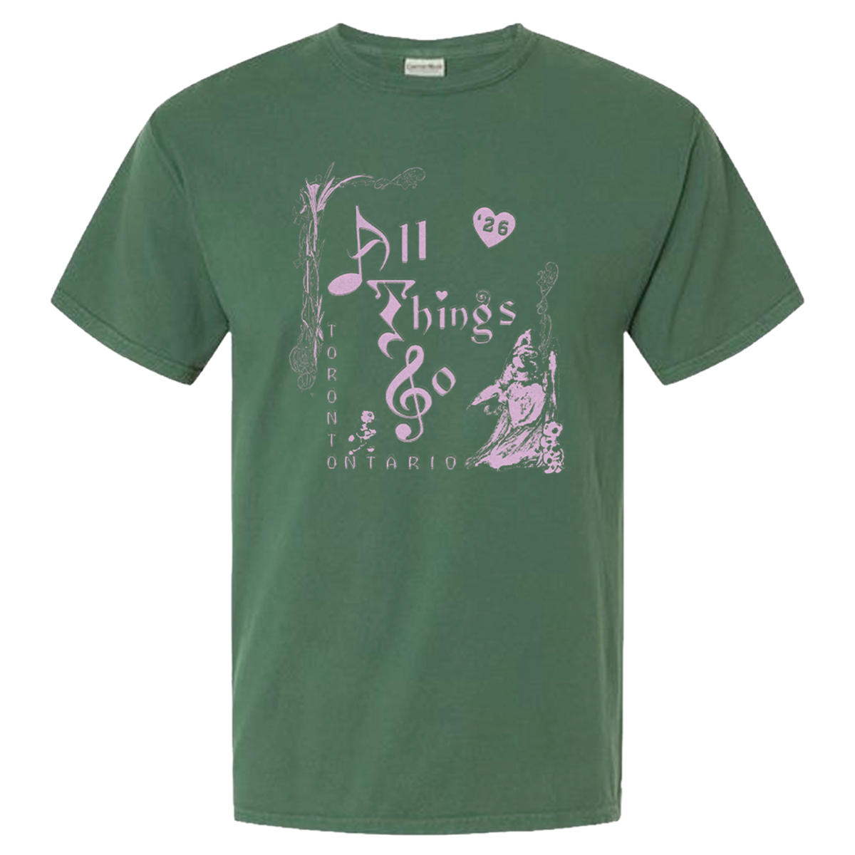 Green t-shirt with pink graphic design on a white background