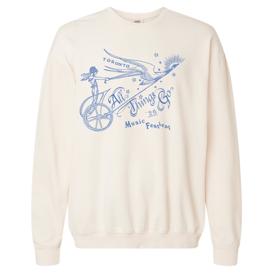 White sweatshirt with blue graphic design on a white background