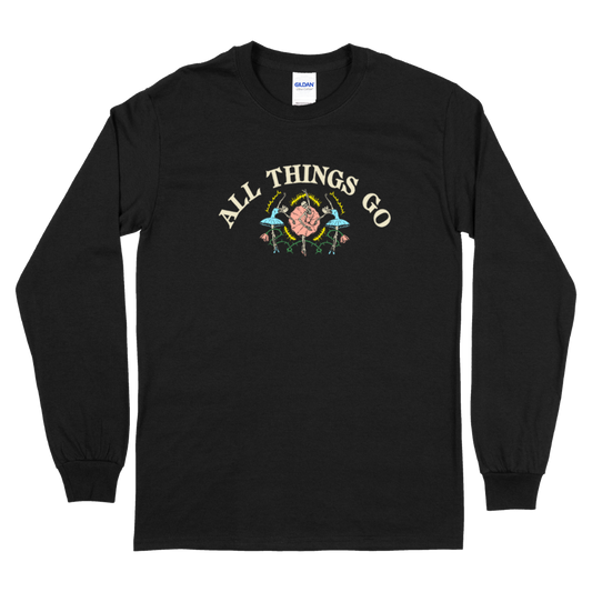 Black long-sleeve shirt with 'All Things Go' graphic design on a white background